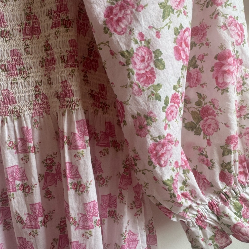 Loveshackfancy Cotton Rose Beaux Midi Dress Small Floral Bow Smocked White Pink - Picture 7 of 7